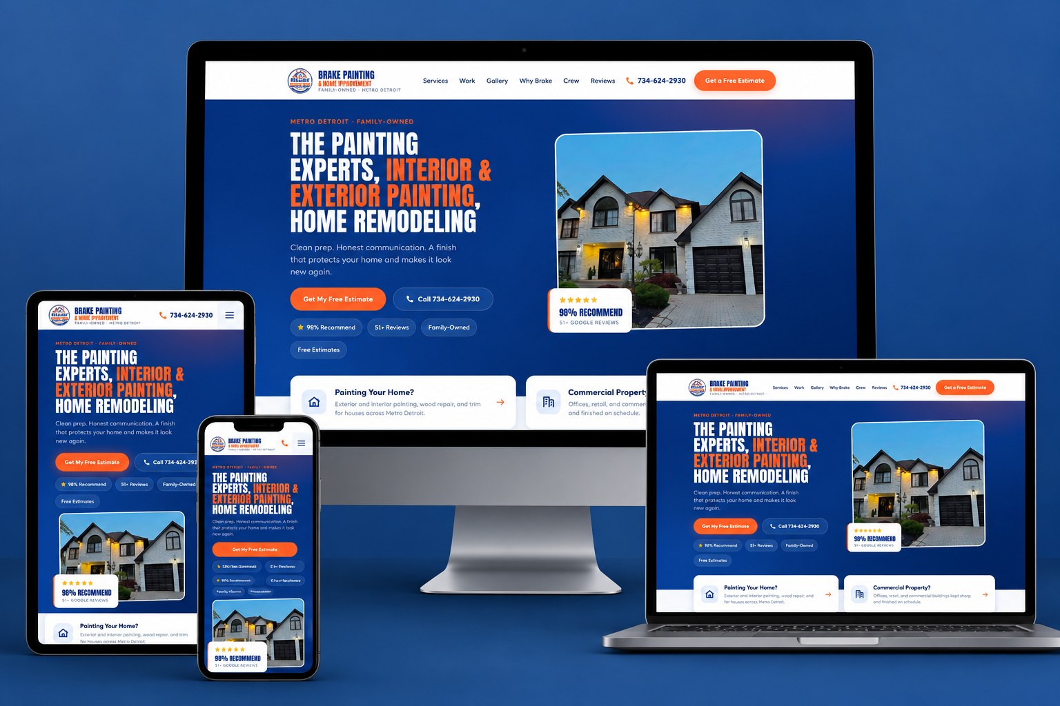 Brake Painting & Home Improvement website shown on desktop, laptop, tablet, and phone