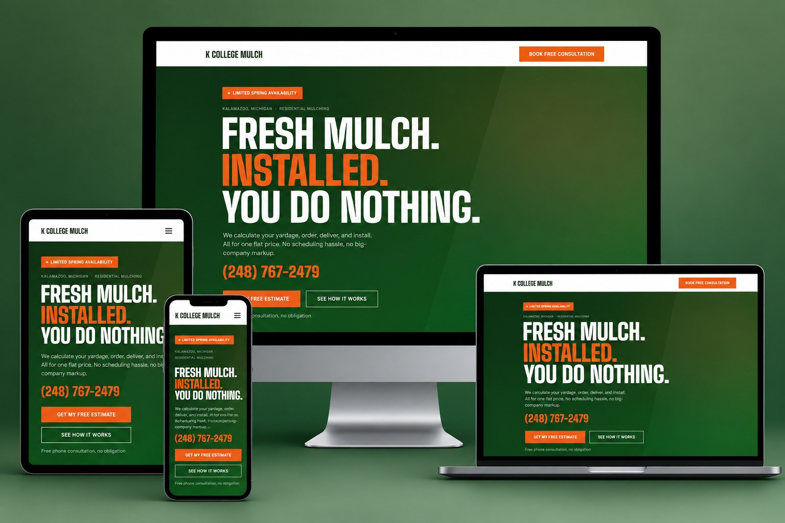 K College Mulch website shown on desktop, laptop, tablet, and phone