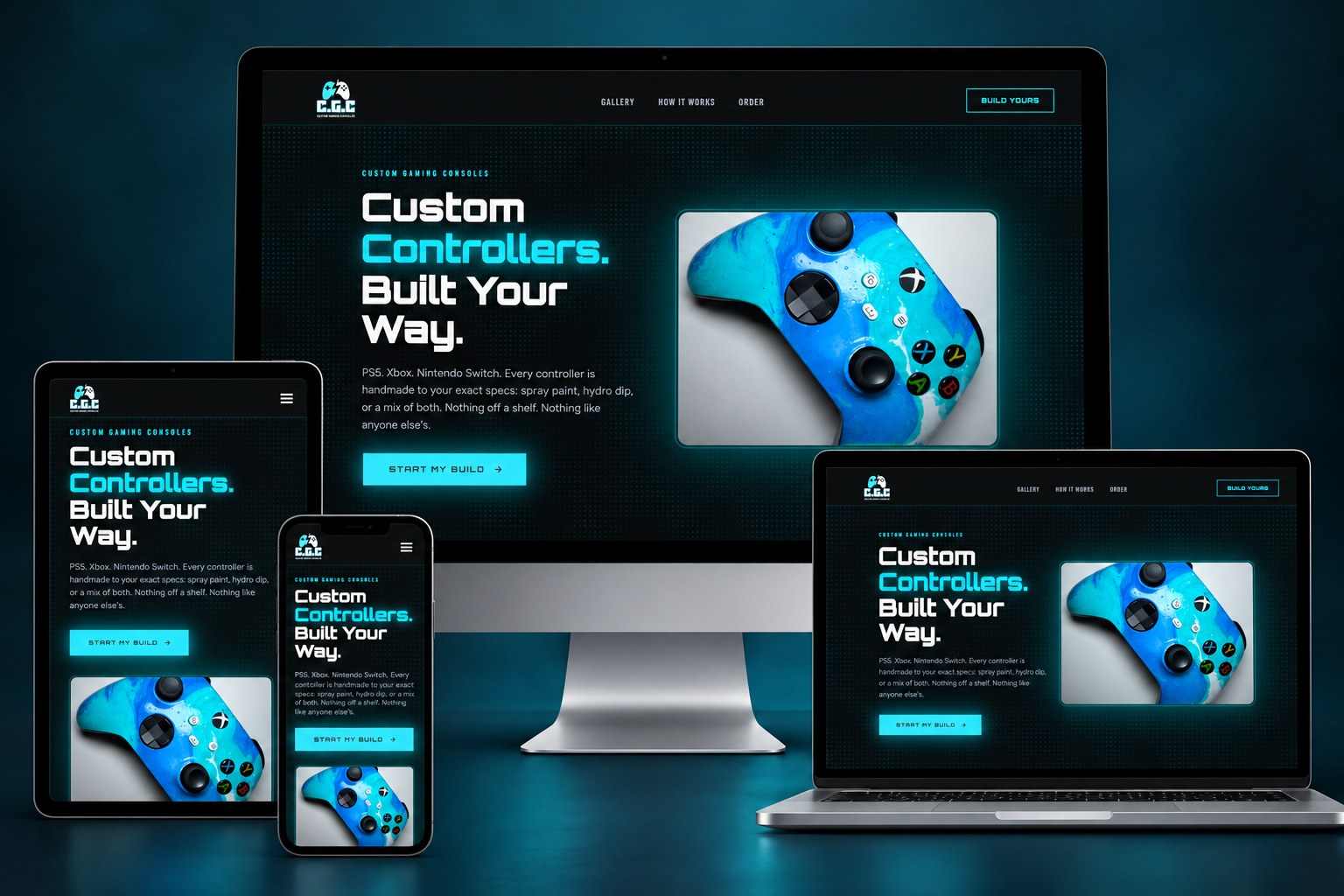 Custom Gaming Consoles website shown on desktop, laptop, tablet, and phone