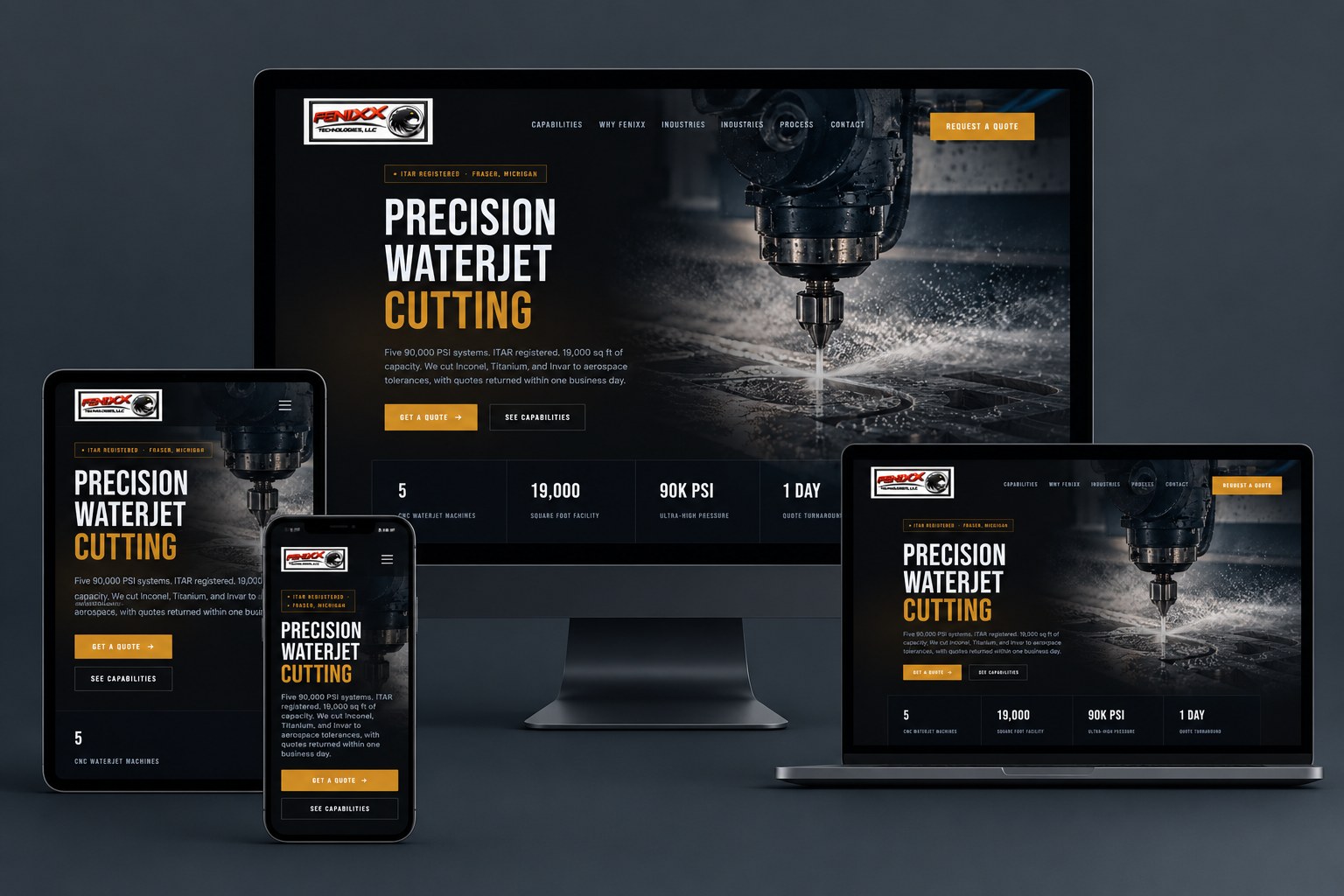 Fenixx Technologies website shown on desktop, laptop, tablet, and phone