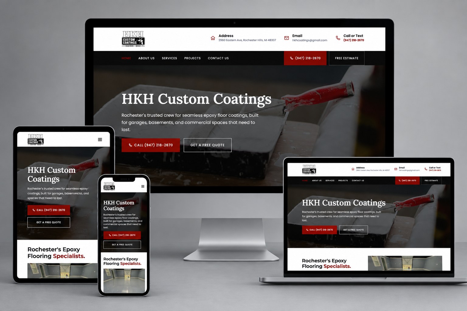 HKH Custom Coatings website shown on desktop, laptop, tablet, and phone