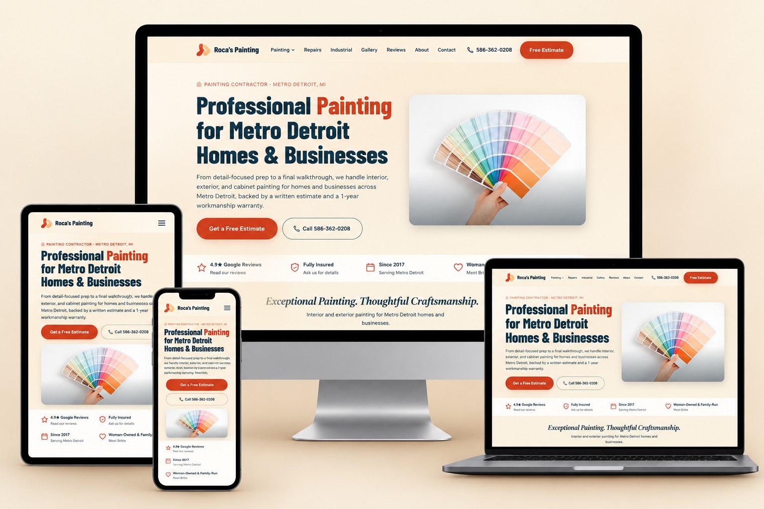 Roca's Painting website shown on desktop, laptop, tablet, and phone
